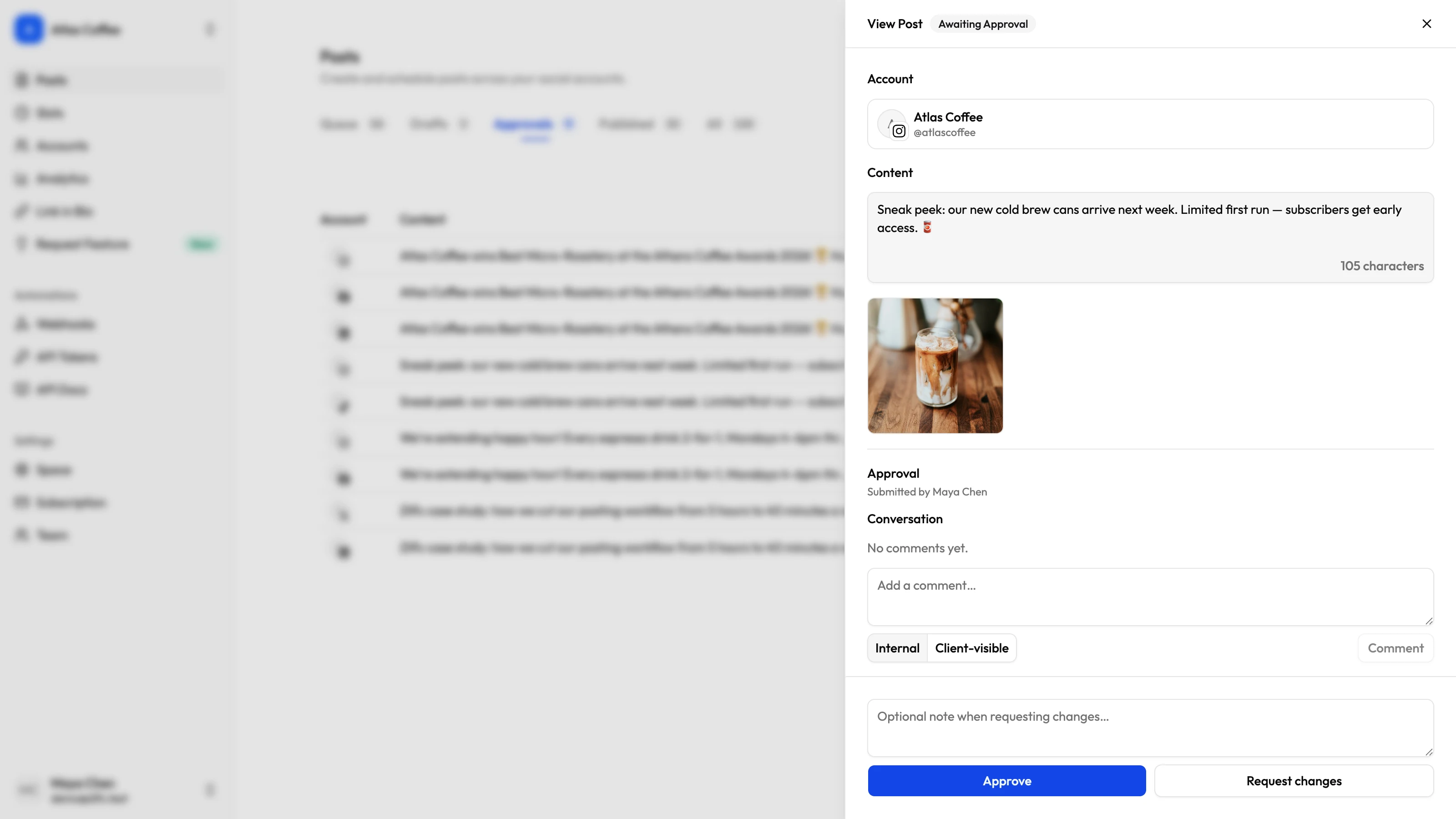 Zilfu approval review showing a pending post with its content and image, a comment thread with internal and client-visible notes, and Approve or Request changes actions