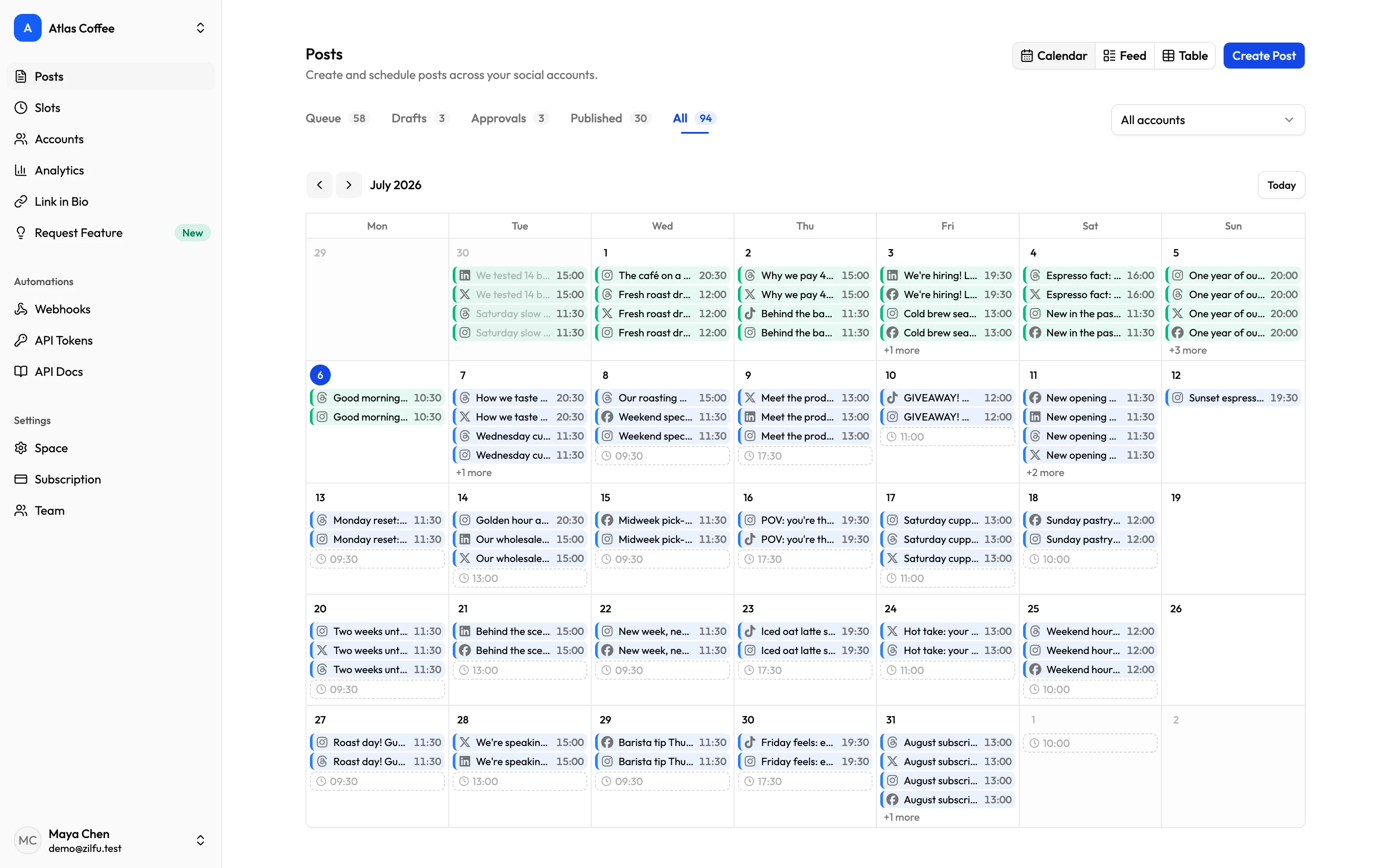 Zilfu content calendar showing a month of scheduled and published posts across Instagram, TikTok, Facebook, LinkedIn, X, and Threads