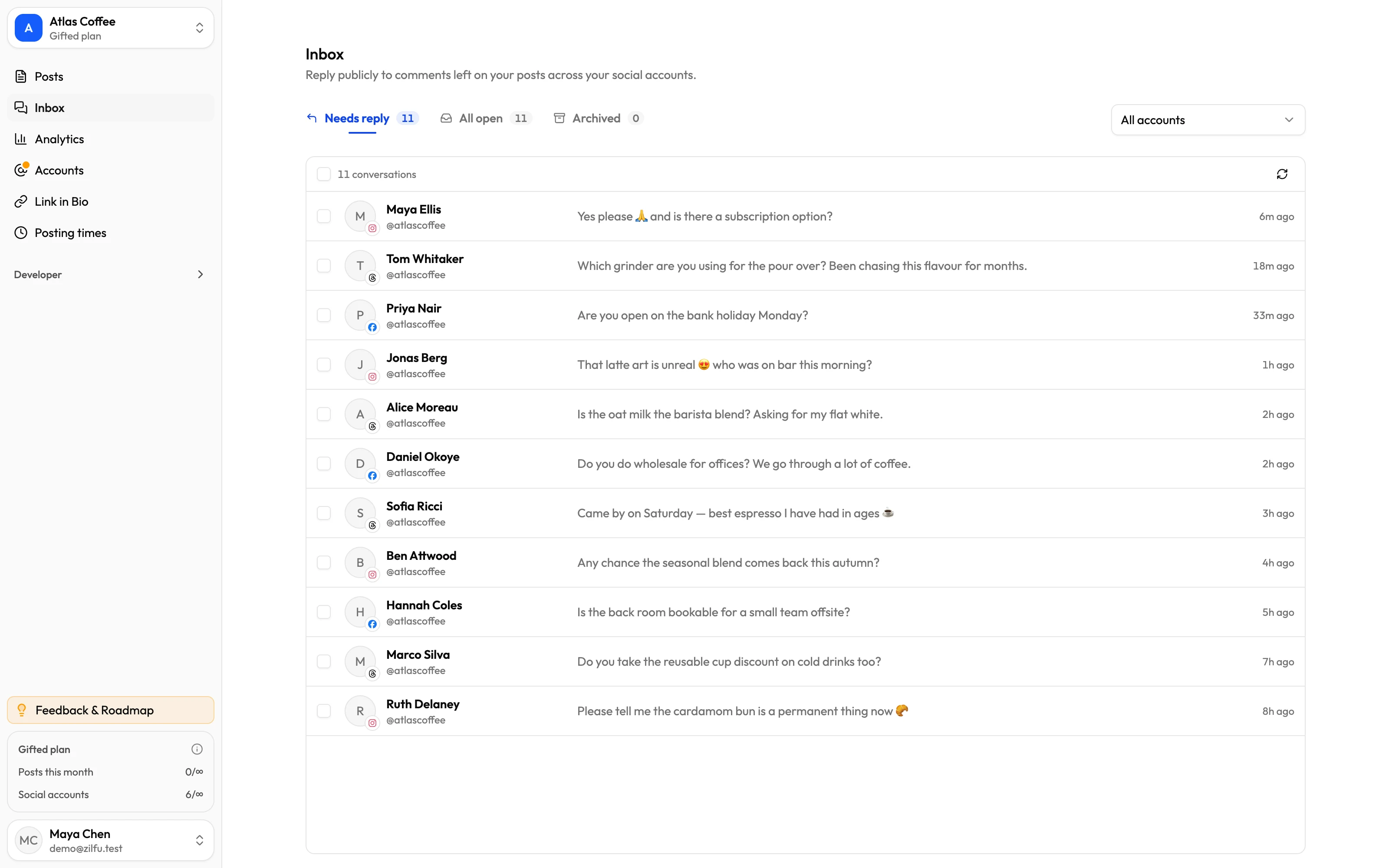 Zilfu inbox listing eleven conversations from Instagram, Threads and Facebook, each showing the commenter, their latest message and how long ago it arrived, with Needs reply, All open and Archived views and an account filter