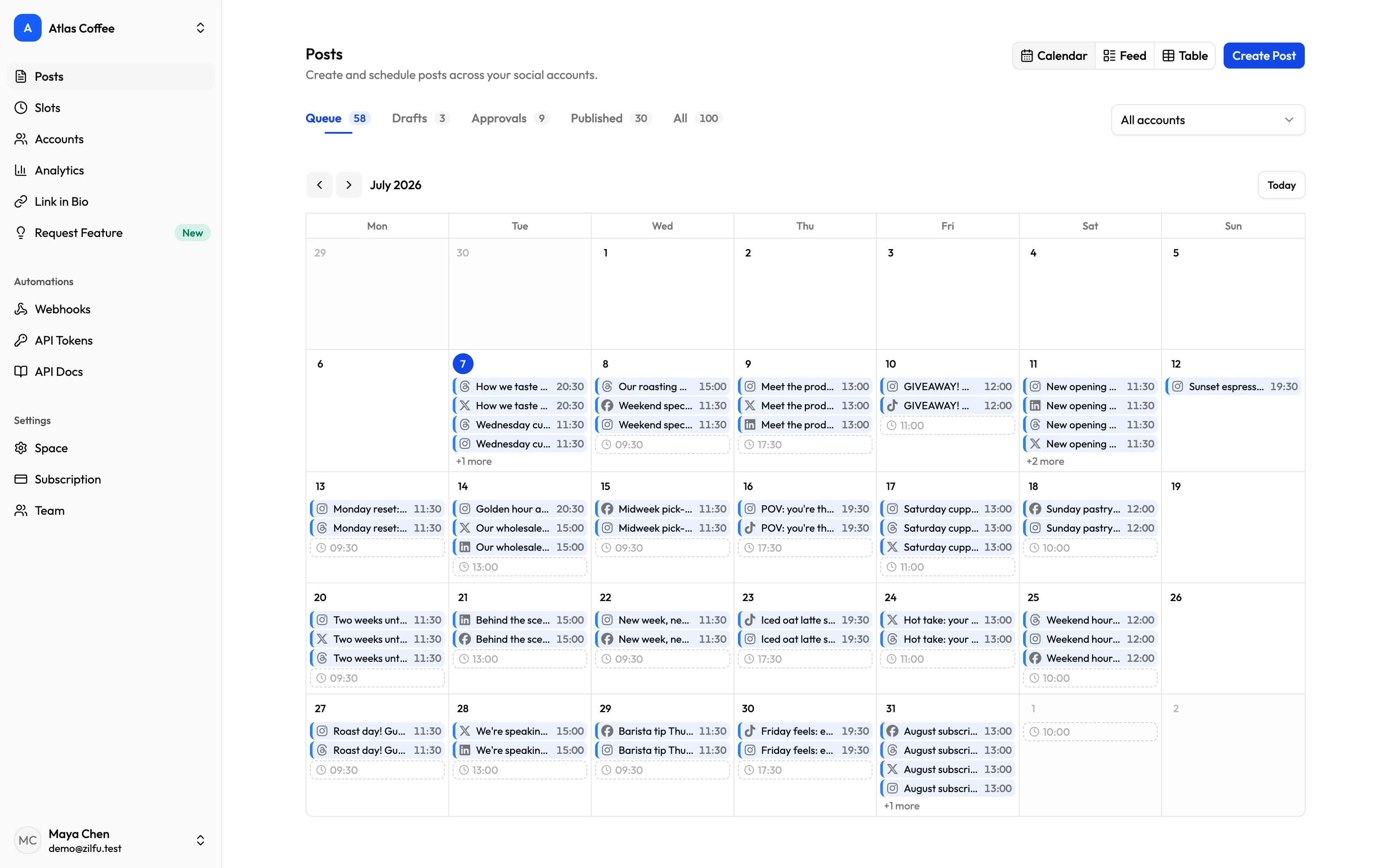 Zilfu calendar view showing a month of scheduled posts across accounts, with open recurring slots ready to fill