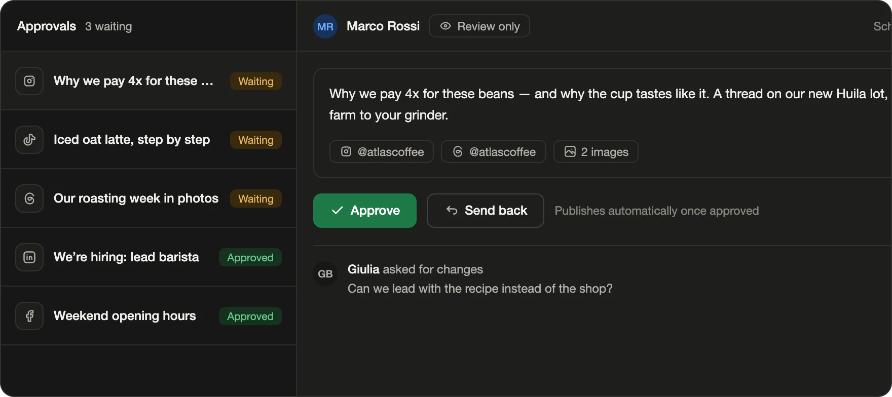 A Zilfu approval queue: three posts waiting and two already approved, beside the one open for review — its text, the accounts it goes to, an Approve and a Send back button, and a reviewer's note asking for a change.