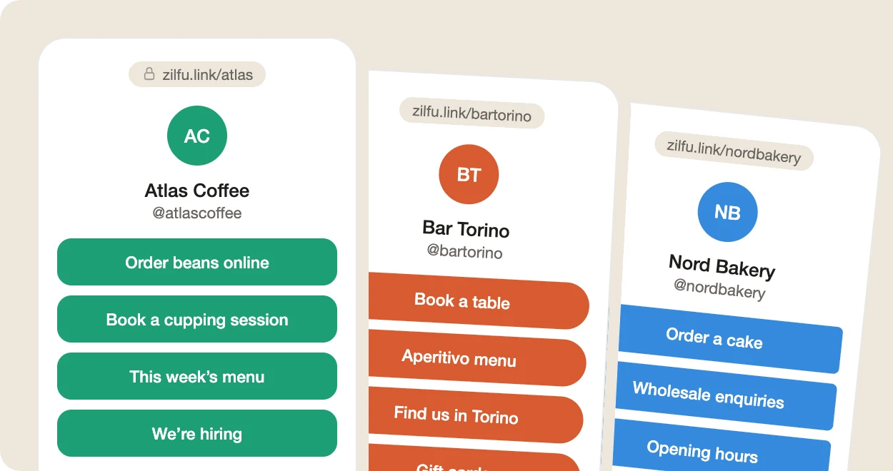 Three Zilfu bio pages side by side, each on its own zilfu.link address and themed to its own brand, with a stack of link buttons and the account's social icons beneath.