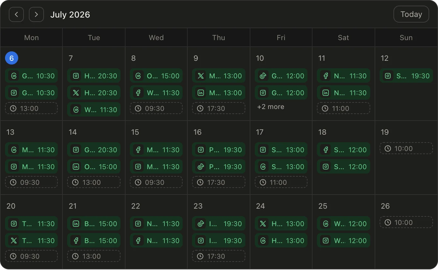 A month in the Zilfu calendar: each day carries its scheduled posts, tagged with the network each one publishes to, alongside the recurring weekly slots still waiting to be filled.