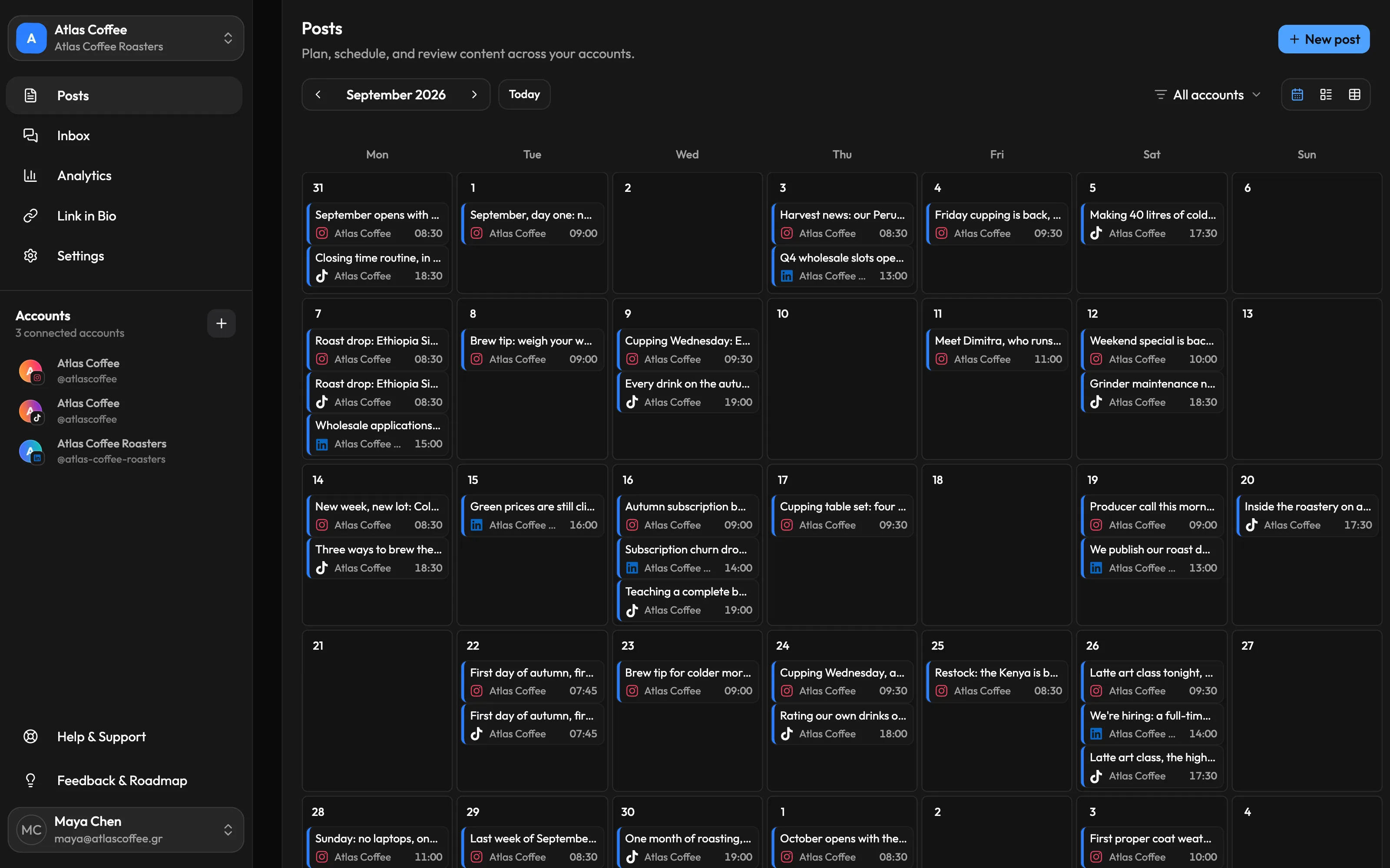 Zilfu content calendar in dark mode, showing a month of scheduled and published posts across Instagram, TikTok and LinkedIn